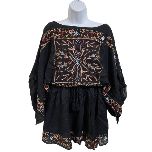 Umgee USA Black Embroidered Tassel Tie Kimono Boho Dress Tunic Beach Size Large - Picture 2 of 12